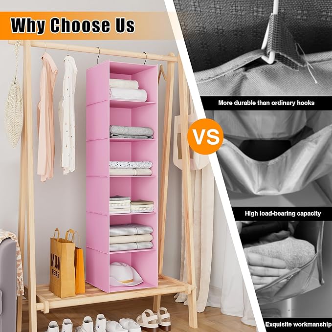 Hanging Closet Organizer, Easy Mount Foldable 6-Shelf Hanging Closet Wardrobe Storage Shelves, Clothes Handbag Shoes Accessor