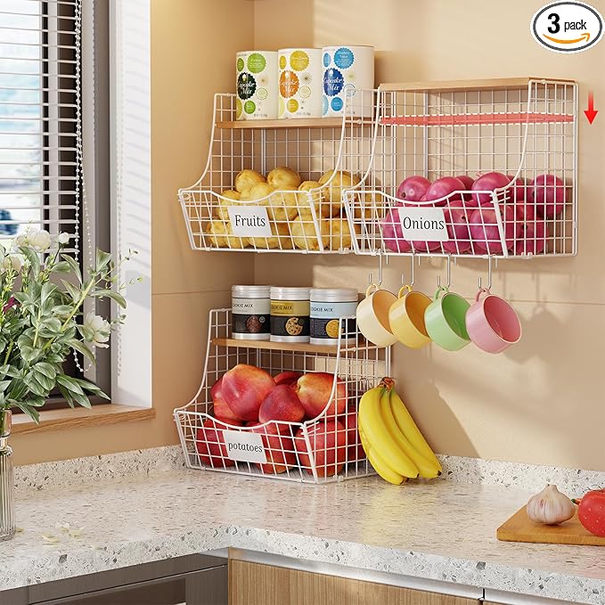 3 Pack Hanging Fruit Basket for Kitchen with Wood Lid - Onion and Potato Storage Fruit Bowl with Nameplate for Counter&Wall M