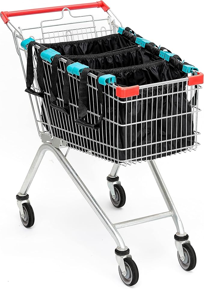 Handy Sandy Cart Caddy – 3-Pack Reusable Shopping Bags with Cart Clips | Heavy-Duty Grocery Organizer Tote Set | Eco-Friendly, Foldable, 40 lb Capacity | Black