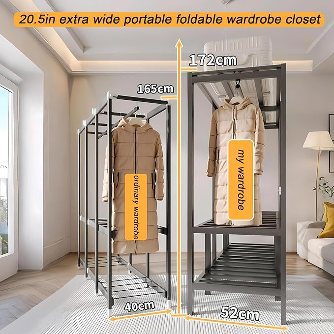 95.3in Heavy Duty Clothe Rack with Cover Load 1200lbs Foldable Portable Wardrobe Closets for Hanging Clothes Freestanding Clo