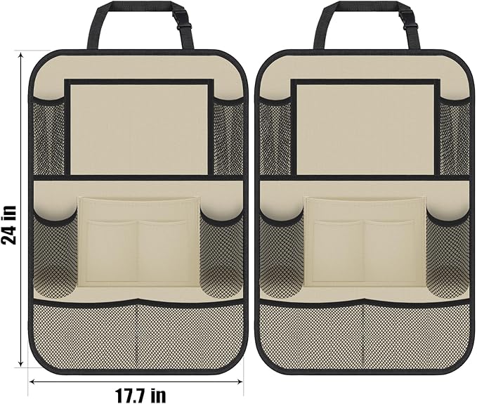 Car Backseat Organizer with 11" Table Holder, 10 Storage Pockets Seat Back Protectors Kick Mats for Kids Toddlers, Travel Accessories, 2 Pack, Beige