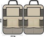 Car Backseat Organizer with 11" Table Holder, 10 Storage Pockets Seat Back Protectors Kick Mats for Kids Toddlers, Travel Accessories, 2 Pack, Beige