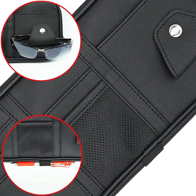 Da by Car Visor Organier Truck SUV Sun Visor Storage Pocket PU Leather Pouch Holder with Multi-Pocket Double Zipper Net Pocket, for Cards Pens Sunglasses Document (Black)