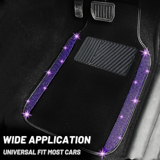 NBTEPEM Bling Car Floor Mats Full Set and Steering Wheel Cover, Universal Fit Most Cars, 4 pcs Sparkle Glitter Diamond Carpet, 5 pcs Bling Car Accessories Set for Women (Purple Violet Diamond)