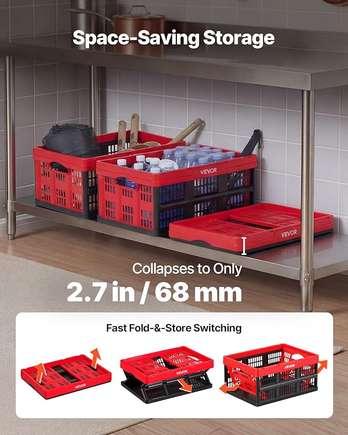 VEVOR Plastic Collapsible Storage Bins, 32L 3 Packs, Stackable Folding Storage Crates with Handles, Holds 26 lbs Per Bin, Fol