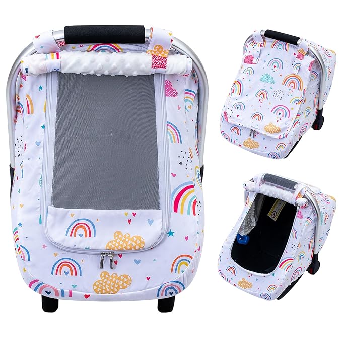 Car Seat Cover Baby Girls, Infant Car Seat Cover for Outdoor, Breathable Carseat Cover with Privacy Sun Shade & Mesh Window f
