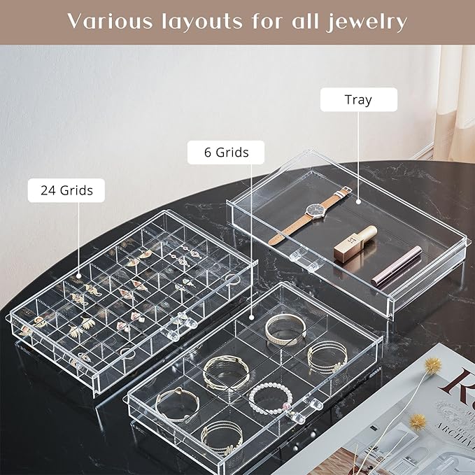 ProCase Acrylic Earrings Holder Organizer Box, Large Clear Earring Jewelry Storage Transparent Stackable Drawers Jewelry Disp