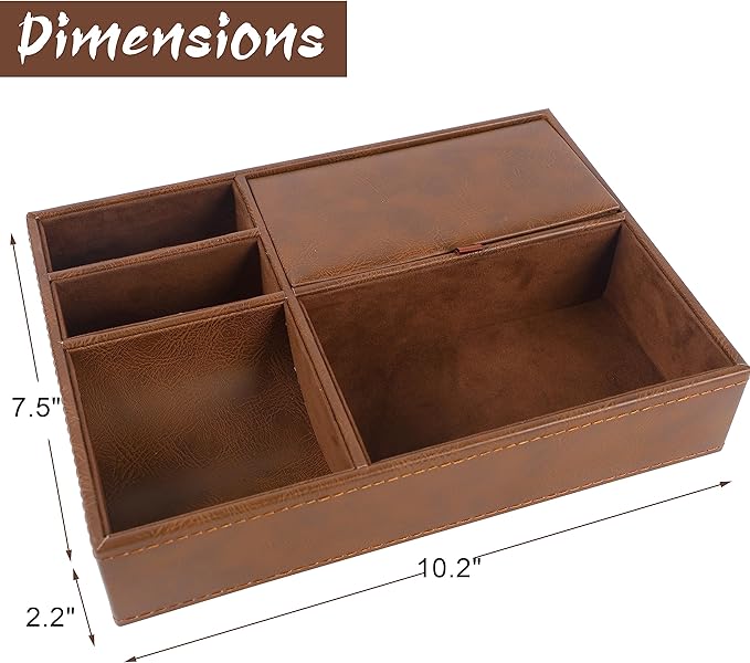 Zcaukya Men's Valet Tray, Jewelry Box Nightstand Organizer with 5 Compartments for Phone Keys Wallet Watch Glasses, Faux Leat