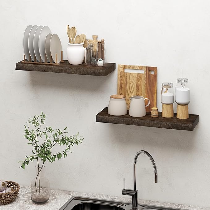 Dreamland 24 Inch Floating Shelves, Rustic Elm Wood Live Edge Wall Shelf for Home Decor, 8 Inch Deep Floating Shelf for Wall,