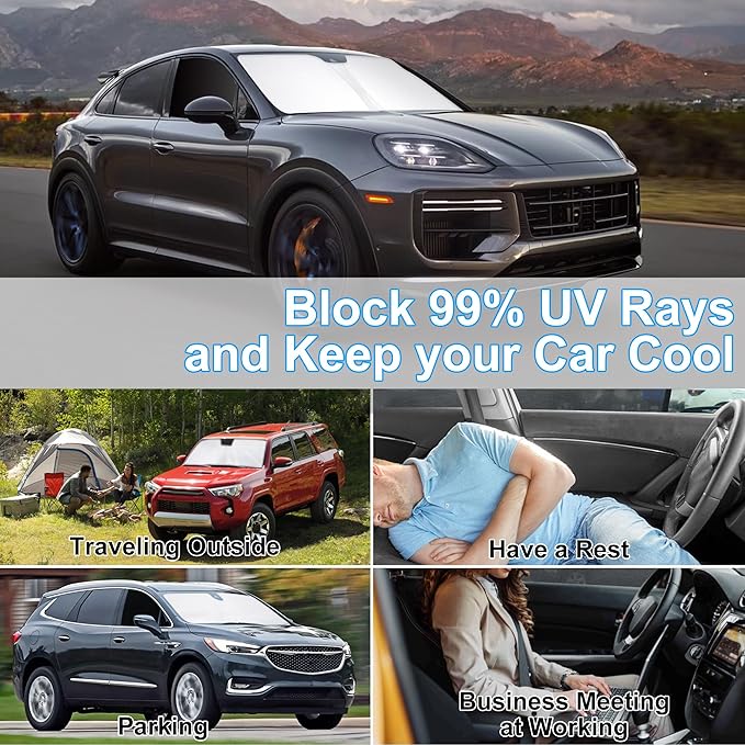 3PCS Car Window Shades Front Windshield Sun Shade Foldable Window Shade Custom Fit for 2019-2025 Porsche Cayenne Accessories Car Shades for Front Windows Anti-UV Rays Block Heat