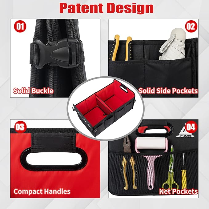 JOJOY LUX Car Trunk Organizer with Multi Compartments - Automotive Collapsible Cargo Containers with 11 Pockets Reinforced