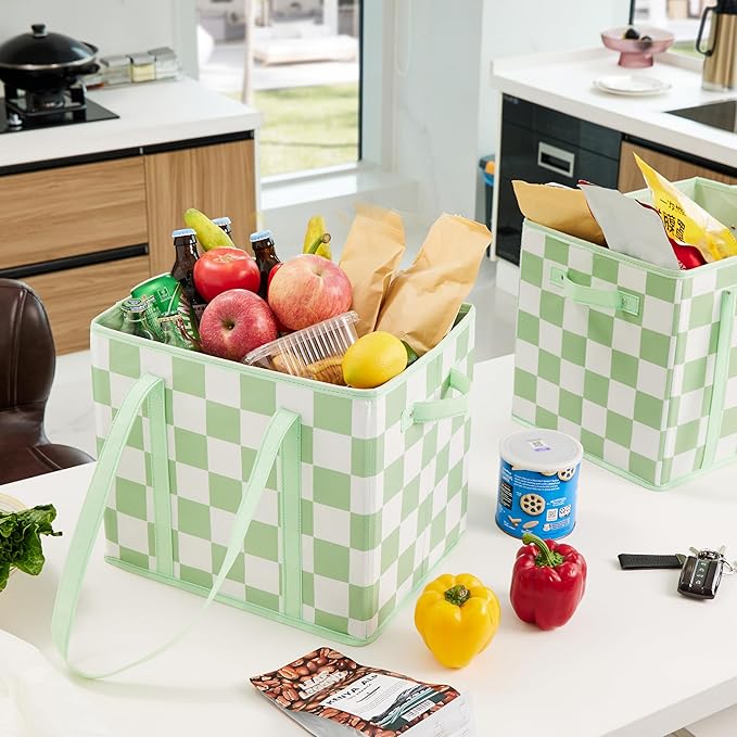 Checkered Reusable Grocery Bags Heavy Duty 3 Pack Foldable Shopping Bags with Handles for Groceries Collapsible Tote