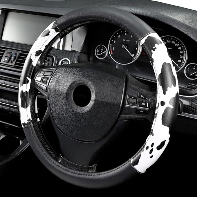 Cow Print Steering Wheel Cover, Universal 15 Inch Cute Steering Wheel Cover for Women, Breathable Anti-Slip Car Steering Whee