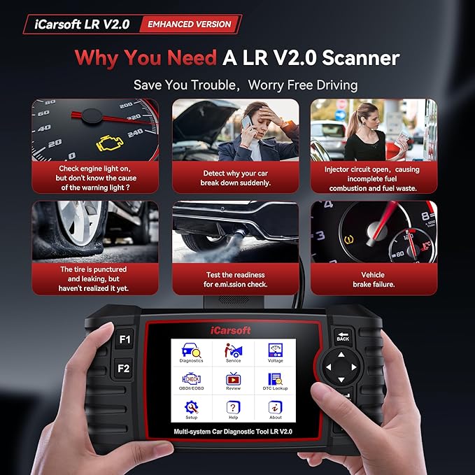 iCarsoft OBD2 Scanner for Landrover/Jaguar 9 Reset Functions Oil Reset BMS TPMS etc, Full System Diagnostic Tool with Airbag