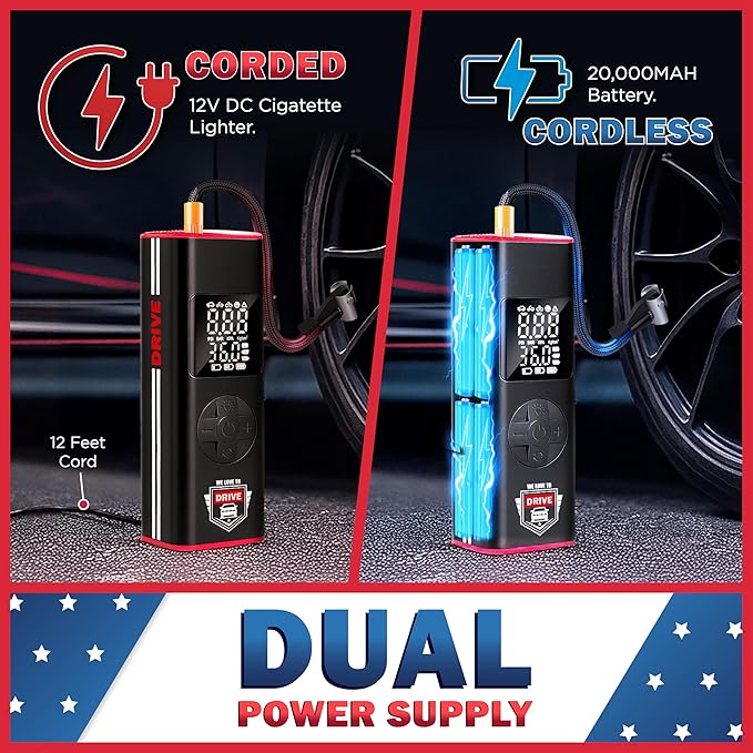 Tire Inflator Portable Air Compressor with LED Light – 12V DC Cordless Air Pump & Auto Shut-Off Function, 150 PSI Electric Air Pump for Car Tires with Digital Tire Pressure Gauge and Car Accessories