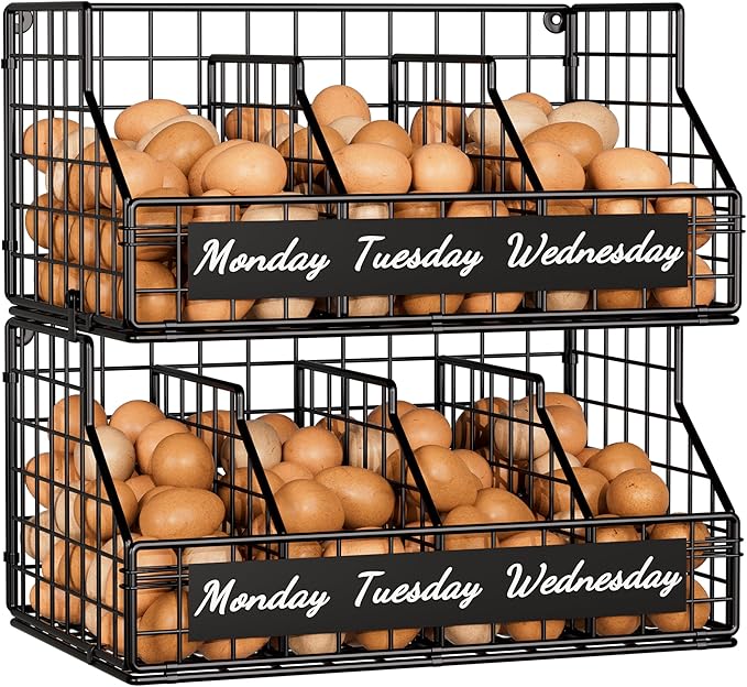 Egg Holder Countertop with 5 Dividers & Labels, 2 Tier Stackable Chicken Egg Baskets for Gathering Fresh Eggs, Egg Organizer 