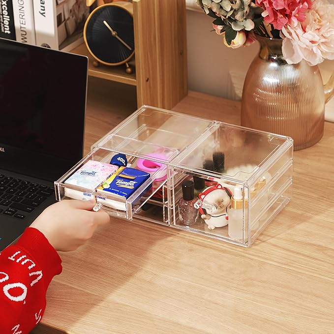 Cq acrylic 2 Pack Clear Stackable Storage Drawers for Vanity,Stackable 6 Drawers Desktop Organizer With Drawers,Cute Desk Sto