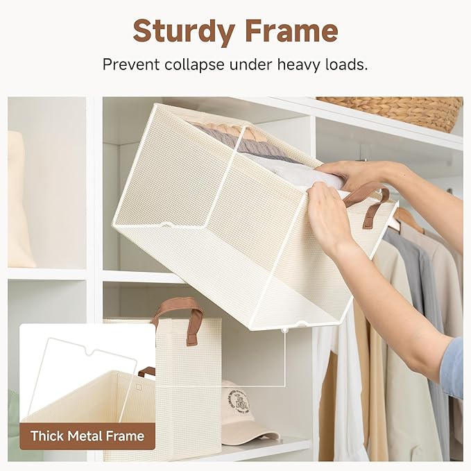 StorageWorks Storage Bins, Shelves Baskets for Organizing, Large Fabric Closet Organizers with Handles, Metal Frame, Beige-Te