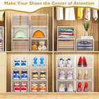Thickened Clear Shoe Storage Organizer with Magnetic Door, Sturdy Stackable Shoe Boxes for Closet, Collapsible Space-Saving S
