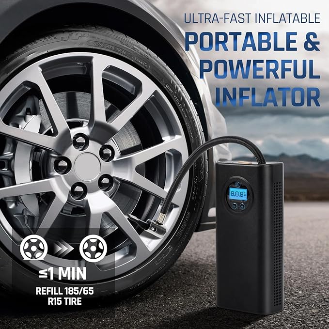 Portable Tire Inflator Air Compressor, Cordless Air Pump for Car Tires, Electric Bike Tire Pump for Motorcycle, Ball, Bicycle (Black)