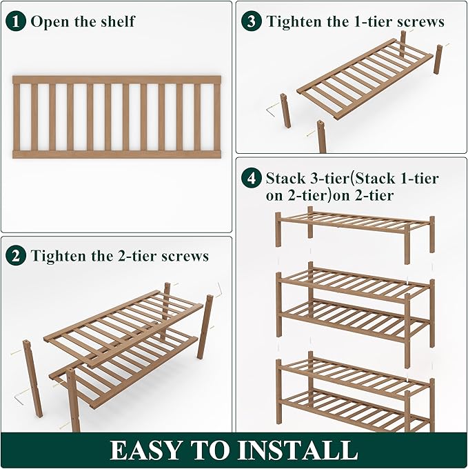 Smiry Shoe Rack, 5 Tier Thick Bamboo Shoe Organizer, Stackable Free Standing Wooden Shoe Storage Shelf for Closet, Entryway, 