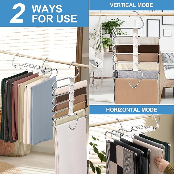Upgrade 6 Layers Pants Hangers Space Saving, 2 Pack Non Slip Stainless Steel Multifunctional Pants Rack S-Type Pant Closet Ha