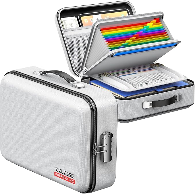 COLCASE Fireproof Document Box, Hard Case Fireproof File Organizer with Lock Hard-Shell Design Fireproof Water Resistant Safe