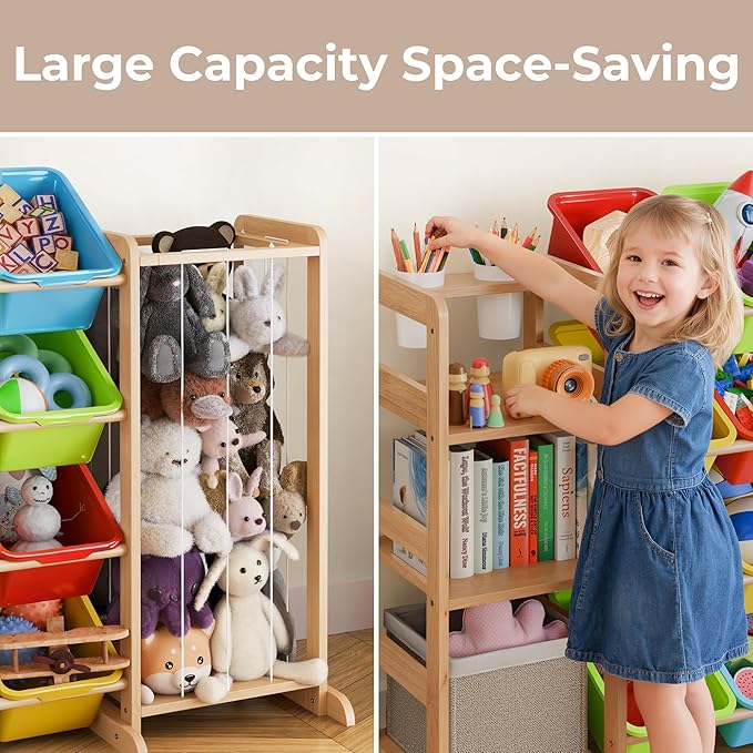 mirolam Storage Organizer with Bookshelf and Stuffed Animal Storage - Playroom Organization with Shelves and 12 Bins - Living