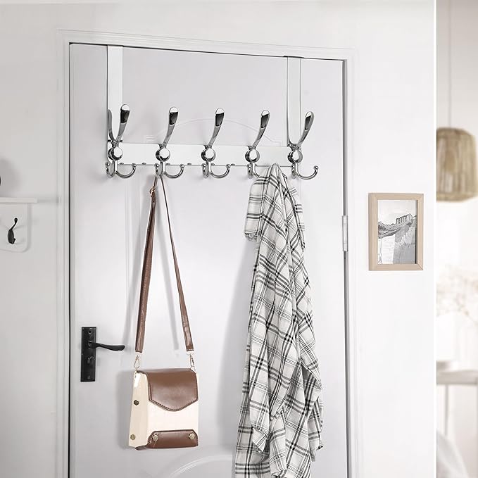 Dseap Over The Door Hook Hanger - Fits 1 3/8" to 1 3/4" Standard Doors | 5 Tri Hooks Heavy Duty Towel/Coat Rack | Door Organi