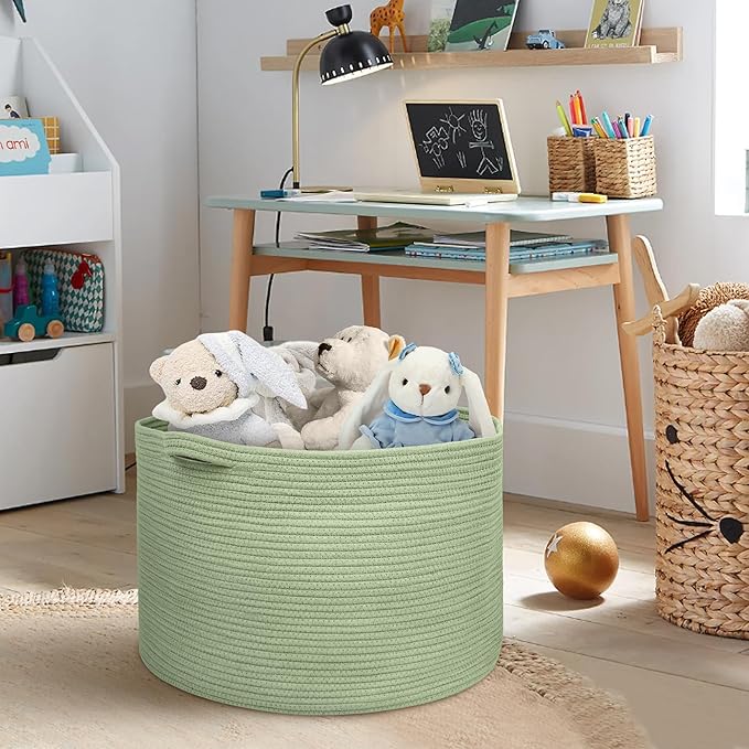 MEGASKET Extra Large Green Basket, 22" X 22" X 14" Woven Cotton Rope Baskets for Blankets, Nursery Laundry Basket, Cute Kids 