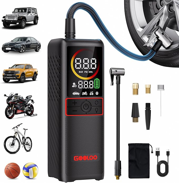 GOOLOO GT160 Tire Inflator Portable Air Compressor, 160PSI Portable Air Pump for Car Tires, 7500mAh Cordless Air Pump with Digital Pressure Suitable for Cars, Bikes, Balls, Motorcycles