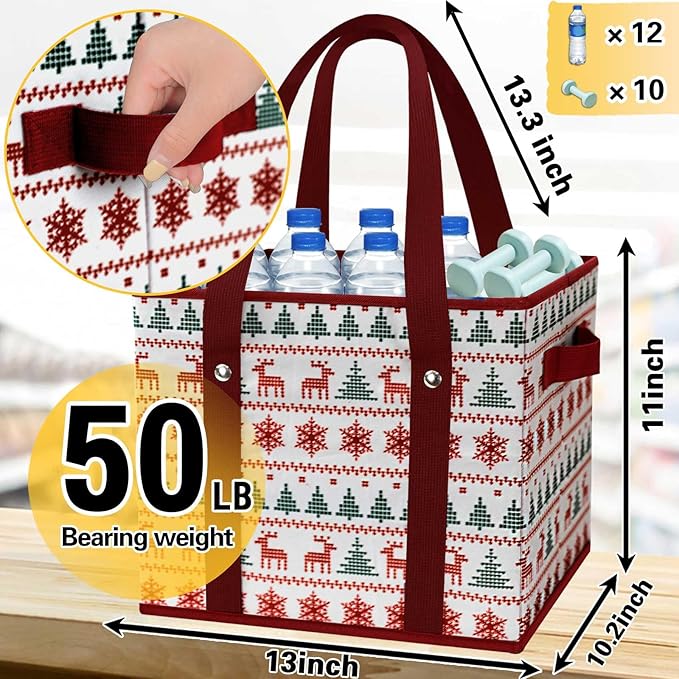 Reusable Grocery Bags 3 Pack - Heavy Duty Reusable Shopping Bags with Hard Bottom & Long Handles, Stand Up Grocery Boxes Reusable Foldable, 13x10.23x11in, Reindeers