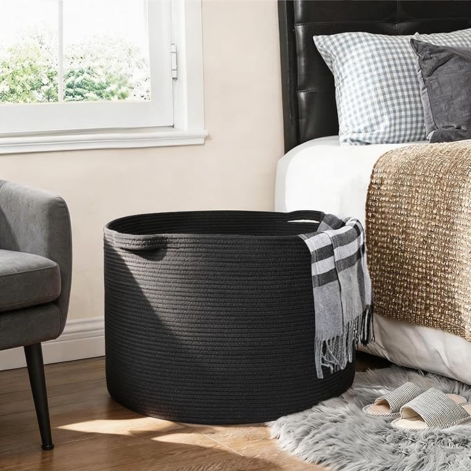 MEGASKET Large Black Blanket Basket, 22" X 22" X 14" Woven Rope Bin for Storage, Kids Dog Toy Storage Box Organizer Bins, Bla