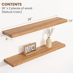 Floating Shelves for Wall, 36"Wx8"D Rustic Solid Elm Wood Floating Shelves Wall Mounted, Round Edge Wall Shelves with Invisib