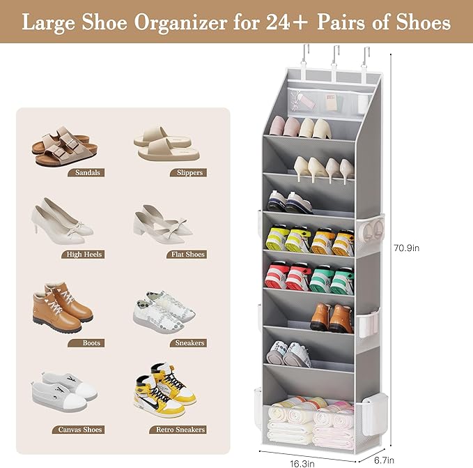 Criusia Shoe Organizer, Over the Door Shoe Organizer, Hanging Closet Shoe Storage with Large Deep Pockets, Fits 16–24 Pairs o