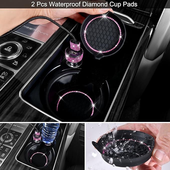 CAR PASS 30 PCS Bling Pink Car Set for Women, Bling Steering Wheel Covers Set 15 Inch, Shining Rhinestone License Plate Frame, Sparkly Diamond Phone Holder, Cute Interior Set Decorations, Pink Diamond