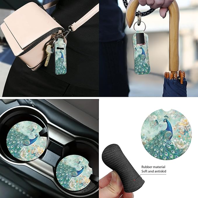 Peacock 13 PCS Car Seat Cover Set with Steering Wheel Cover Seat Belt Strap Cover Armrest Cover Coaster Keychain Automobile Interior Sets Decoration Easy to Install