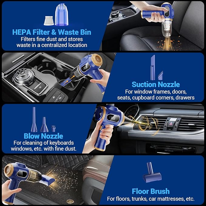 Car Vacuum Portable Cordless 17000Pa Cordless Mini Handheld Vacuums with LCD Display and Multi-Nozzles, High Power Wet and Dr