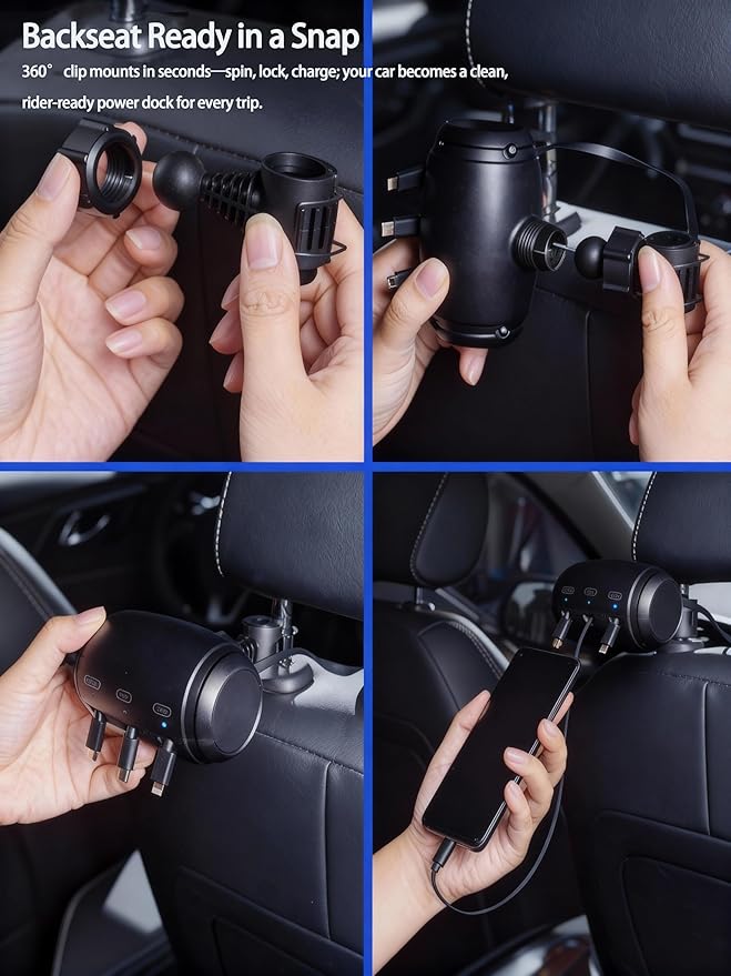 Retractable Car Backseat Charger–3-in-1 Car Backseat Charging Station, Rideshare & Private Car Essential, Fast Charge, 360° Rotating Headrest Mount – Universal USB-C/Lightning/Micro-USB for All phones