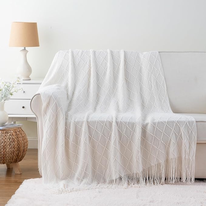 BATTILO HOME Cream Throw Blanket for Couch, Boho Bedroom Decor Throws, Decorative White Throw for Sofa Living Room, 50"x60"