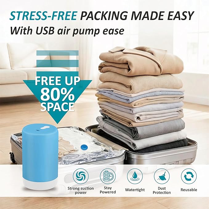 Cozy Essential Travel Vacuum Storage Bags with Rechargeable Cordless USB Pump, Space Saver Bags for Luggage, Suitcase, Carry-