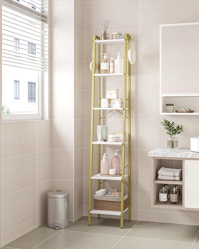 Hzuaneri Ladder Shelf, Bookshelf Bookcase, Freestanding Corner Storage Shelve with 2 Hooks for Home Office, Living Room, Kitc