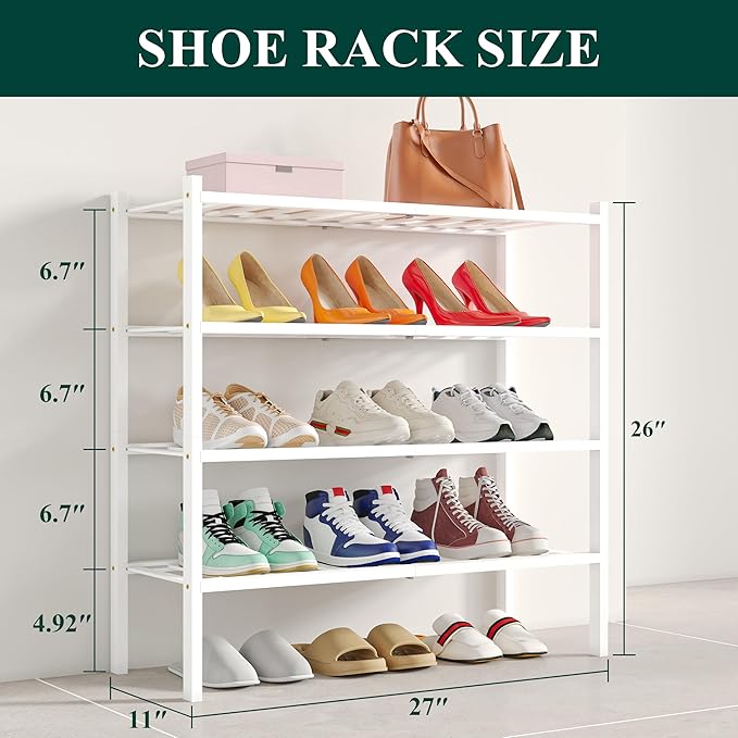 Smiry Shoe Rack, 4 Tier Bamboo Shoe Organizer, Stackable Free Standing Wooden Shoe Storage Shelf for Closet, Entryway, Front 