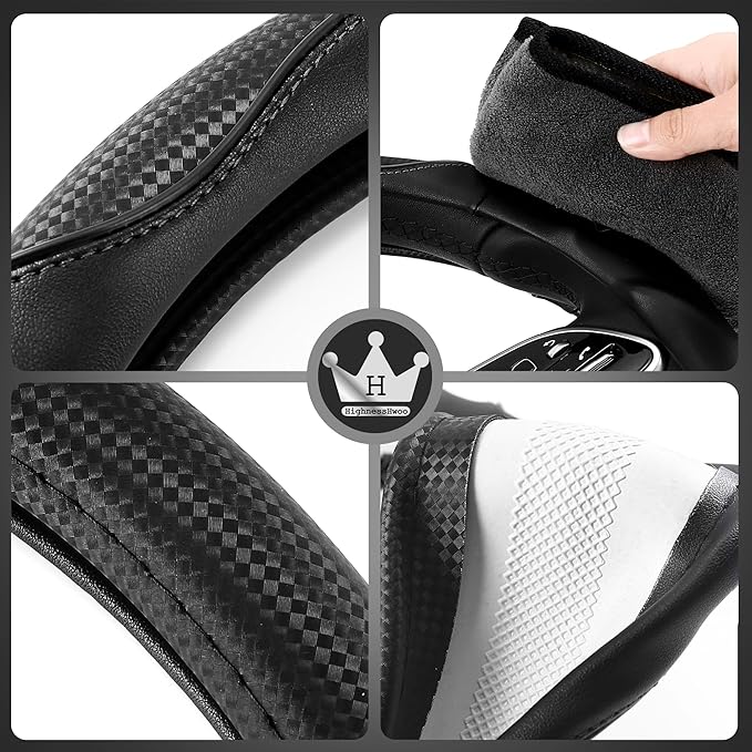 HighnessHwoo 3D Car Steering Wheel Cover Comfort Grip Massage Sporty Anti-Slip Carbon Fiber Faux Leather for F150, Trucks, Je
