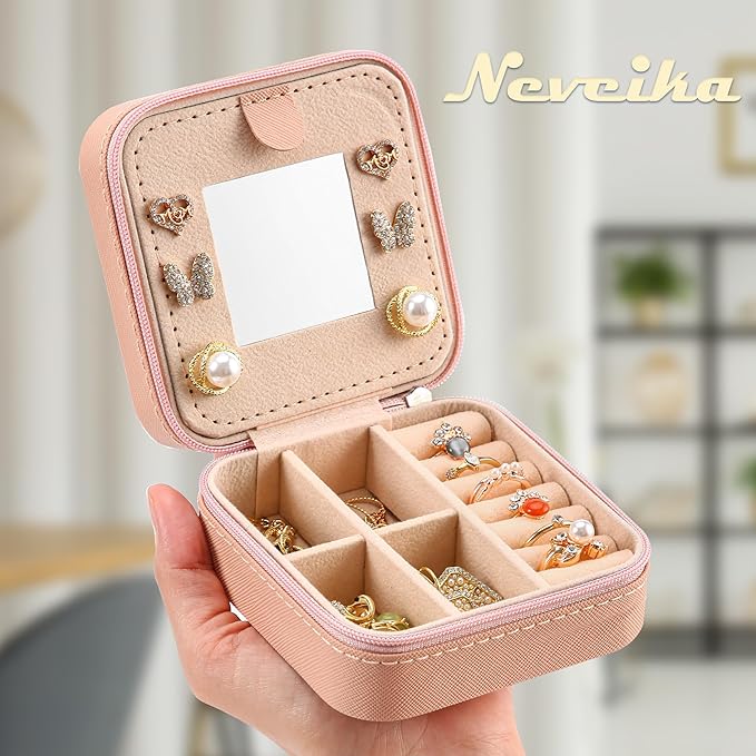 Neveika Jewelry Box with Mirror,Small Jewelry Organizer Box，Travel Jewelry Case for Women，Gift Jewelry Boxes for Female Girls