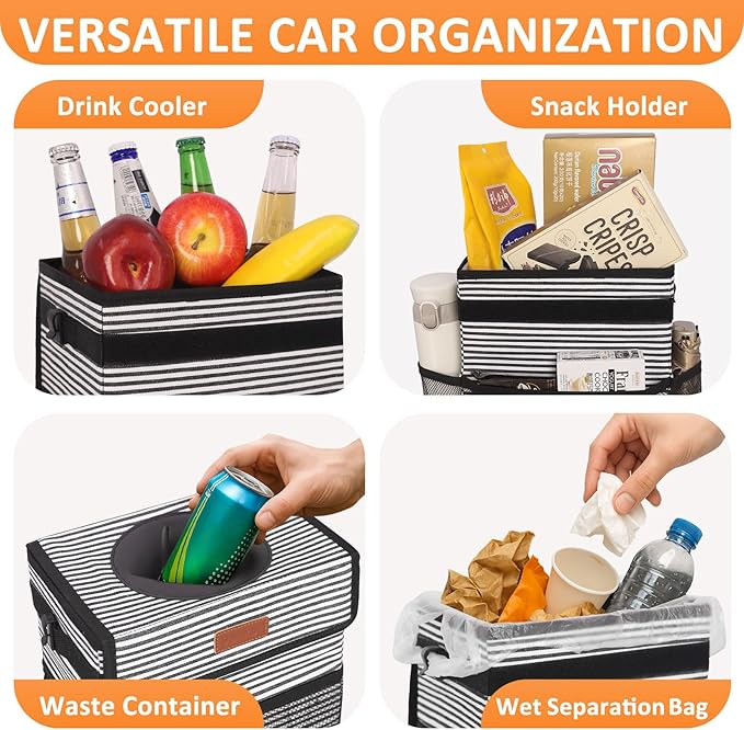3 Gallons Car Trash Can with Lid, Car Trash Bag Bin Hanging Waterproof Automotive Garbage Cans Leak Proof Vehicle Trash Can Stripe