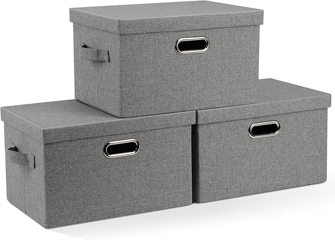 Graciadeco Medium 15" 21 Quart Collapsible Stackable Storage Bins with Lids, 3 Packs Grey Foldable Fabric Closet Boxes Heavy-