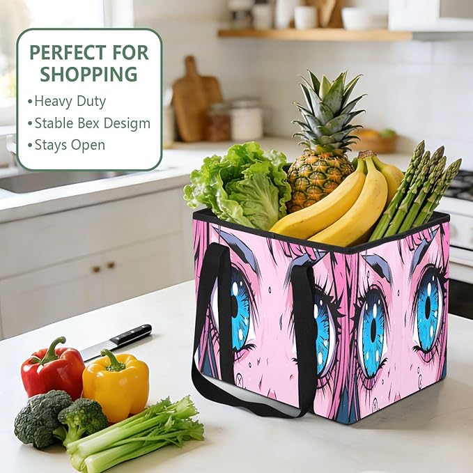 Kawaii Anime Eyes Reusable Grocery Bags Large Shopping Tote Bag with Reinforced Bottom Board, Water Resistant Foldable Storag
