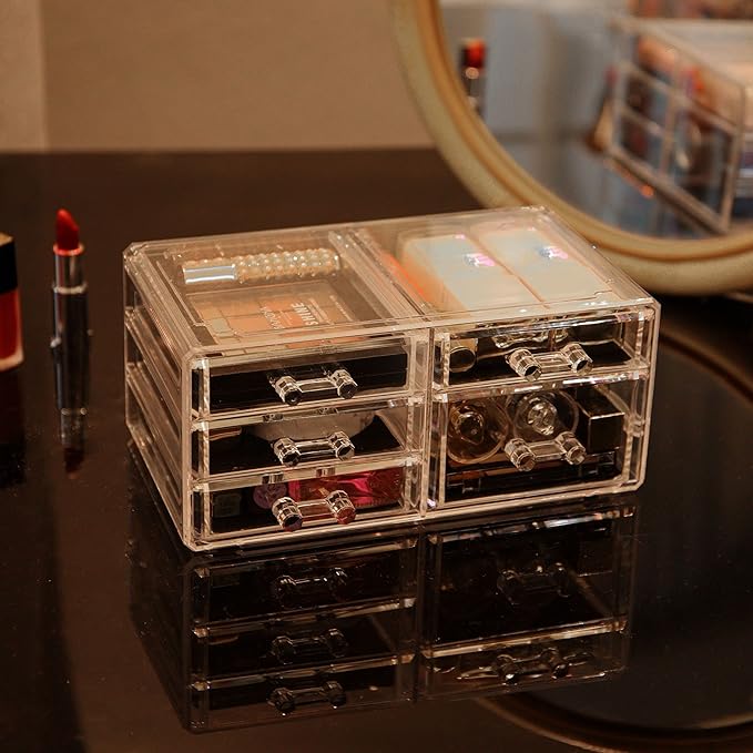 Cq acrylic 2 Pack Clear Makeup Storage Organizer,Stackable 5 Drawers Make up Organizers,Cute Desk Organizer for Vanity Jewelr