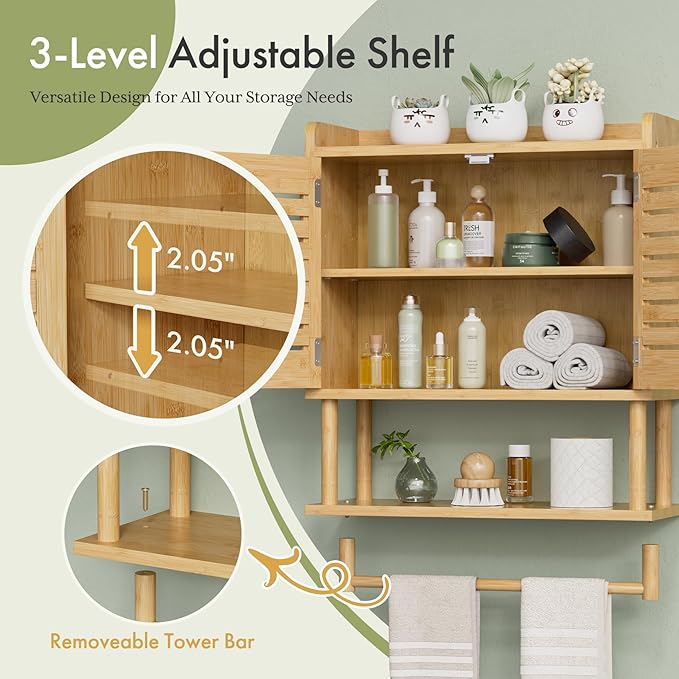 AmazerBath Bathroom Wall Cabinets, Large Bamboo Medicine Cabinets with Towel Bar, Hanging Over Toilet Storage Organizer Cabin